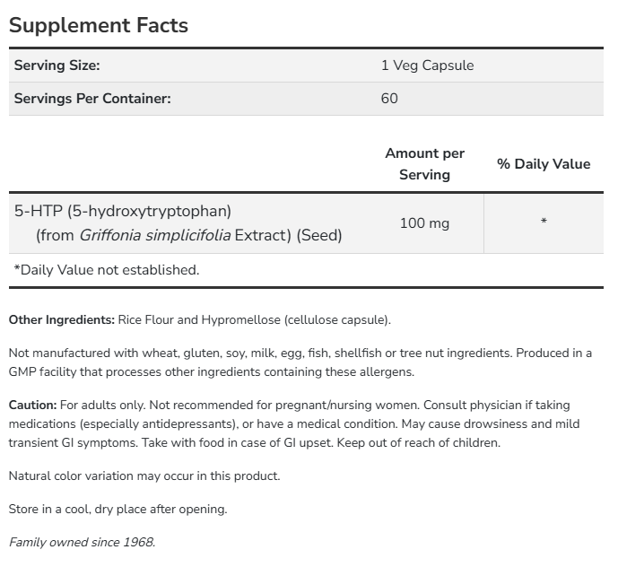 5-HTP 100 mg Veg Capsule Supplement Facts