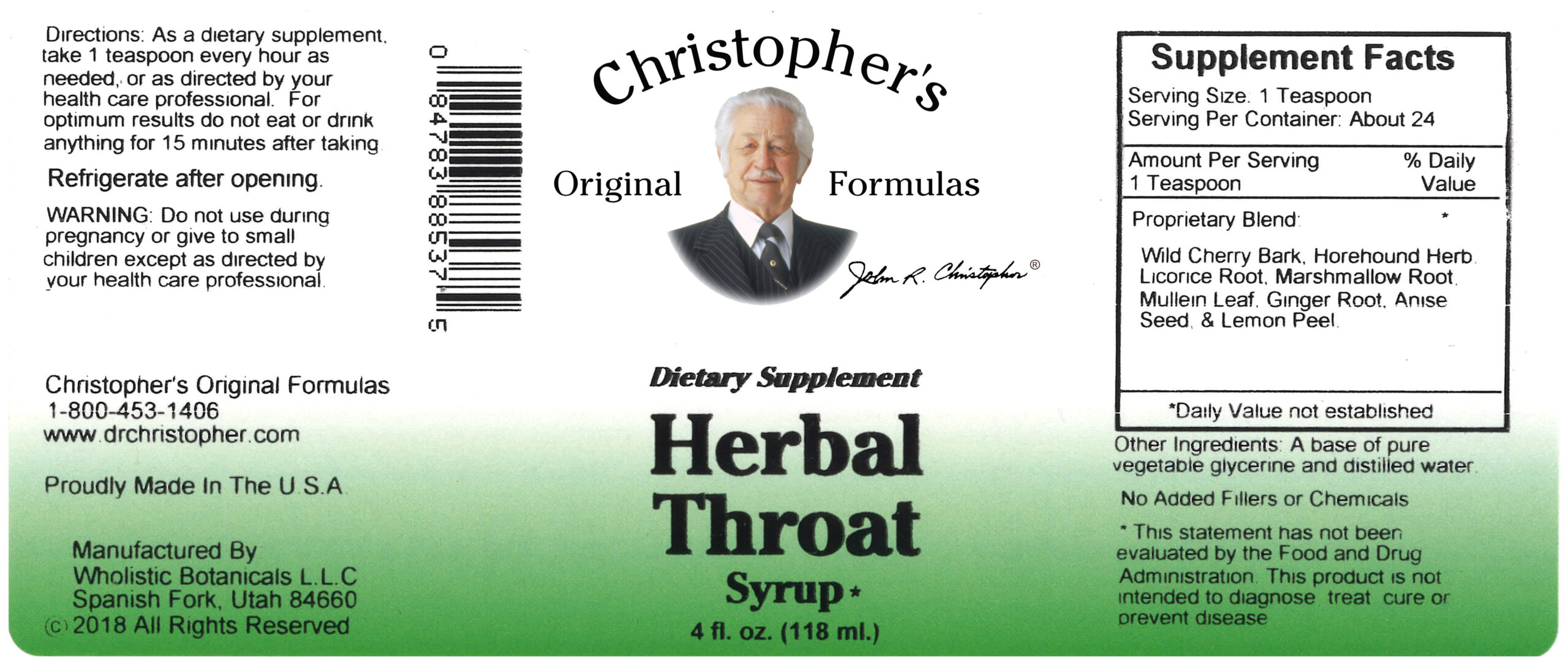 Dr Christophers Herbal Throat Syrup Supplement Facts