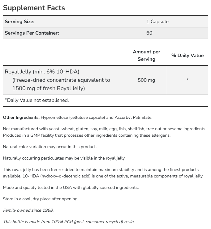 now foods royal jelly 1500mg 60 capsules supplement facts