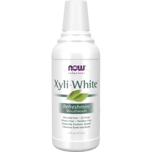 NOW Foods XyliWhite Refreshmint Mouthwash certifications – fluoride free, gluten free, paraben free, SLS free, vegan and cruelty free