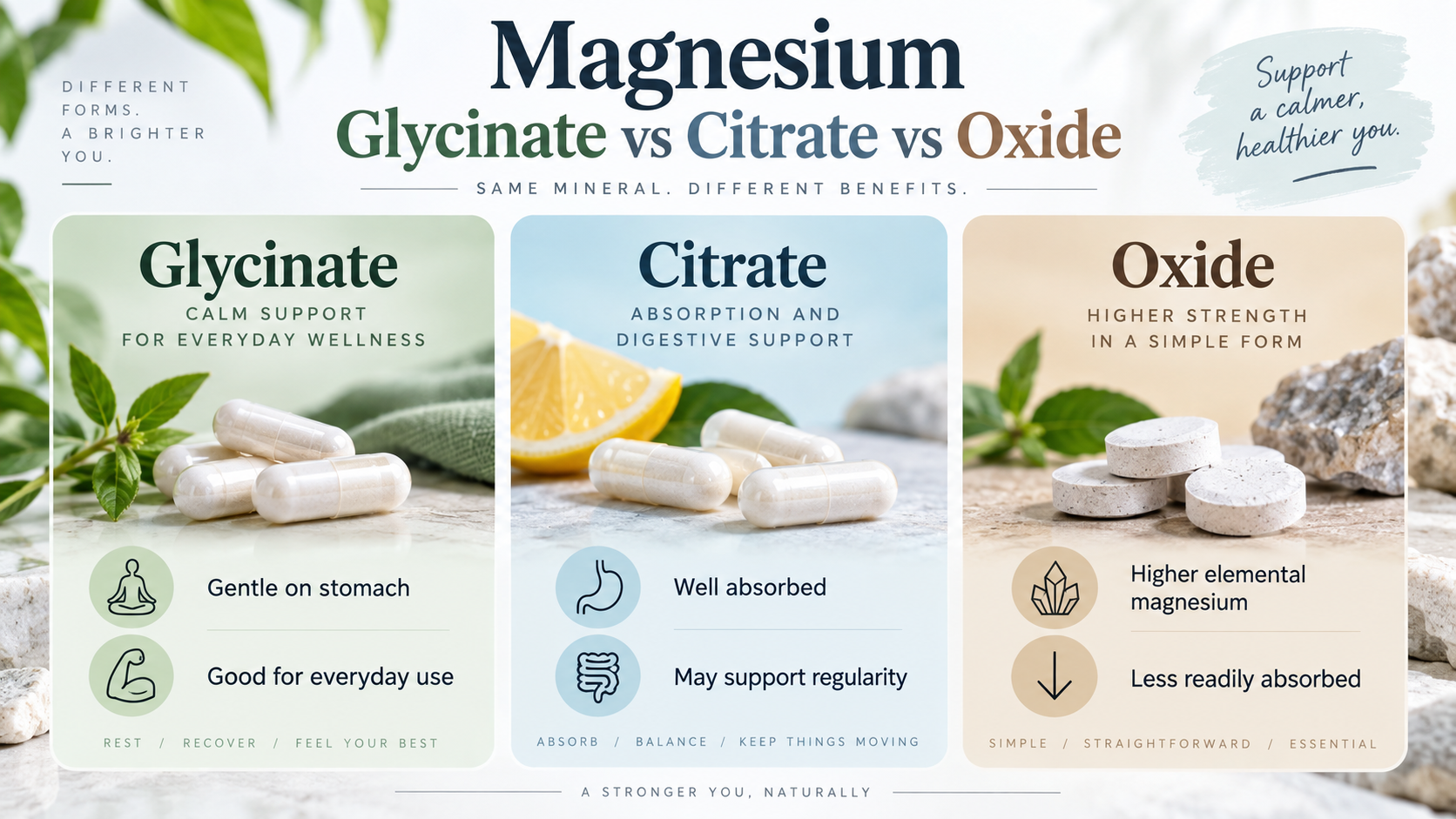magnesium comparison for magnesium oxide, glycinate and citrate